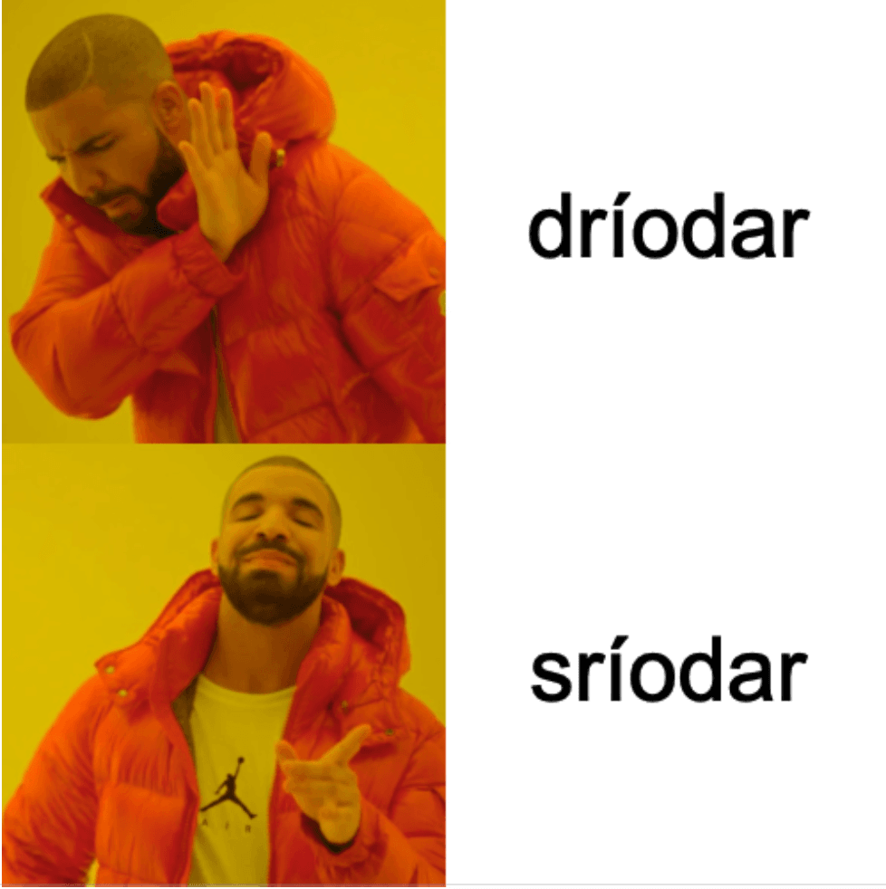 This is a meme where, in the top half, a man shows his displeasure with the concept on the right-hand side, which in this case is Dríodar. In the bottom, the man shows his pleasure with the concept on his right, which is Sríodar.
