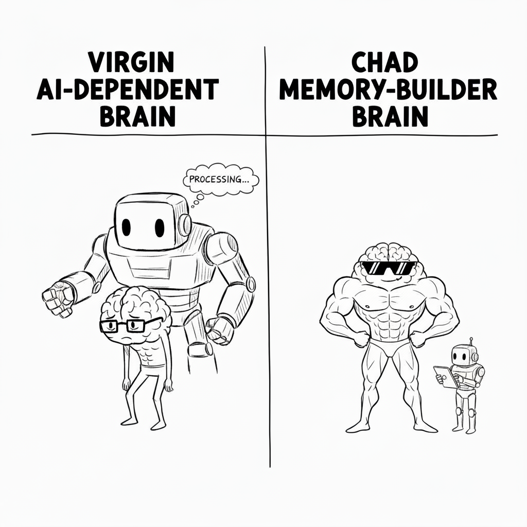 On the left, we have the AI-dependent brain, constantly relying on the AI to do all of its processing and thinking. It has not exercised its power in time and now is weak and undercapacity. On the right-hand side is the brain that has been built up training itself in terms of capacity and power, all the while allowing the AI to help them. This is the Virgin Brain vs. the Chat Brain on AI.